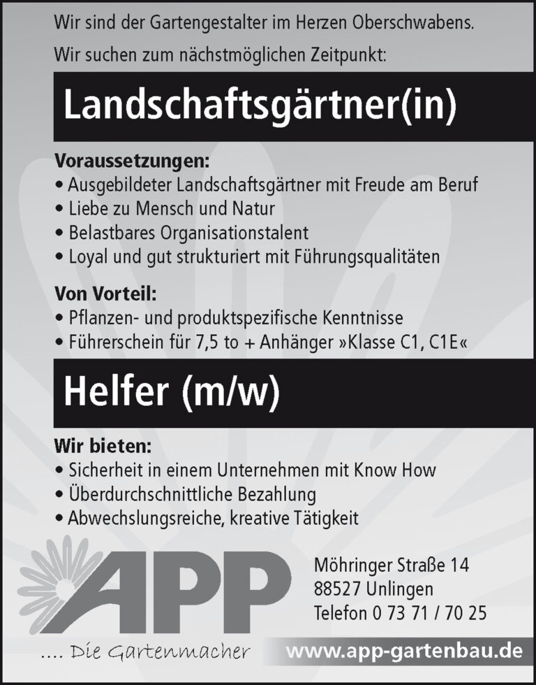 Aktuelle Stellenangebote · APP Gartenbau